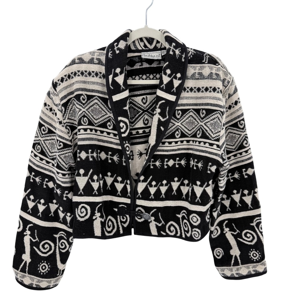 Flashback Vintage Tribal Geometric Cave Art Cotton Cropped Jacket Black Cream M